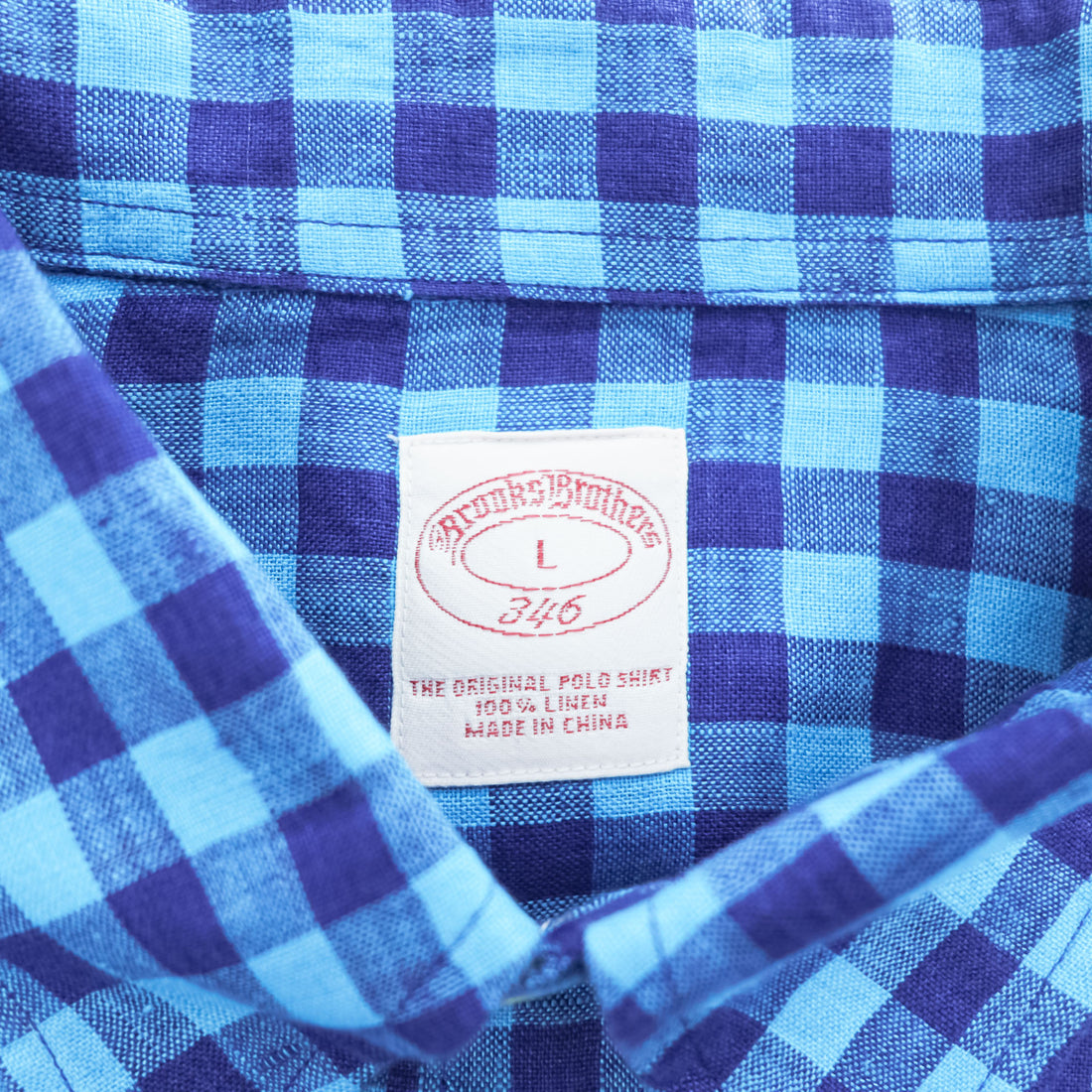 Brooks Brothers 346 半袖 リネン チェックシャツ L ブルー 麻100% ボタンダウン