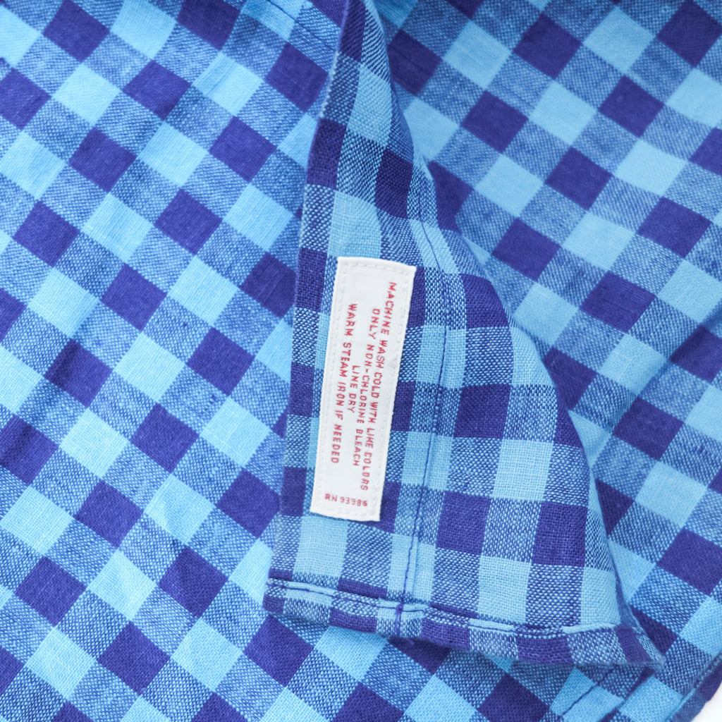 Brooks Brothers 346 半袖 リネン チェックシャツ L ブルー 麻100% ボタンダウン