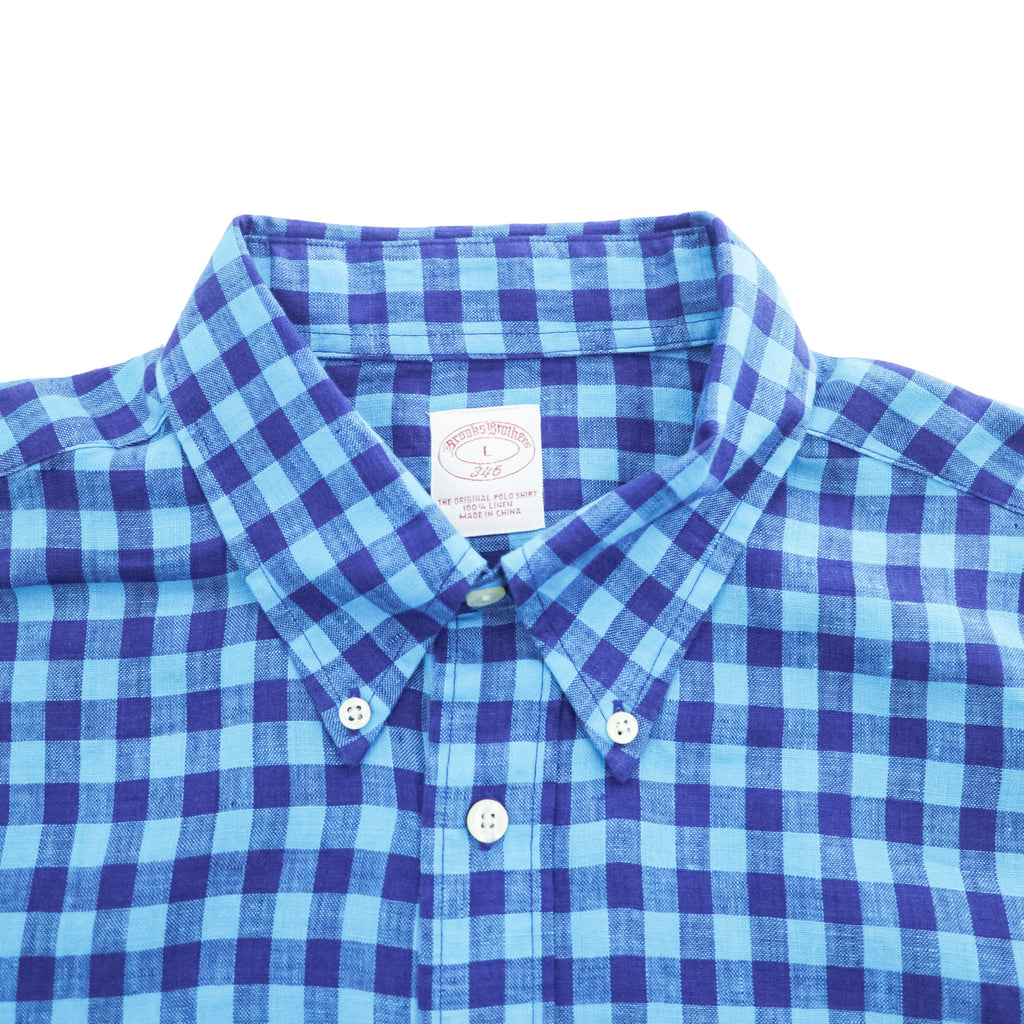Brooks Brothers 346 半袖 リネン チェックシャツ L ブルー 麻100% ボタンダウン