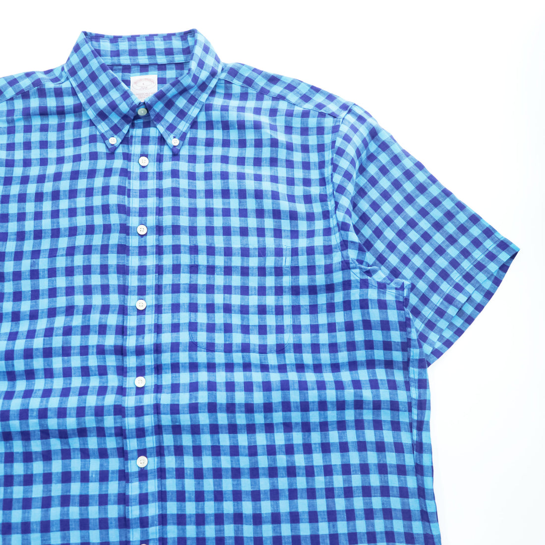 Brooks Brothers 346 半袖 リネン チェックシャツ L ブルー 麻100% ボタンダウン