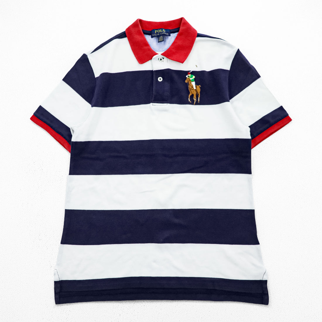 Polo Ralph Lauren Rugby Polo Shirt Navy/White Wide Stripe Red Collar Embroidered Polo Player 100% Cotton Pique Short Sleeve L/G (14-16) Youth