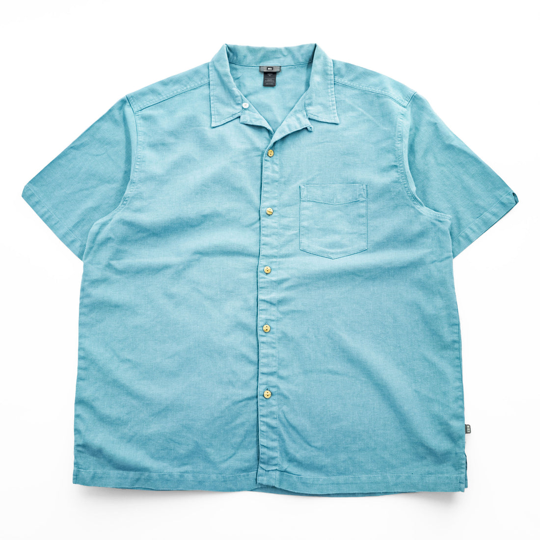 REI Short Sleeve Camp Shirt Light Turquoise 55% Hemp / 45% Organic Cotton Waffle Texture Boxy Fit Chest Pocket XL