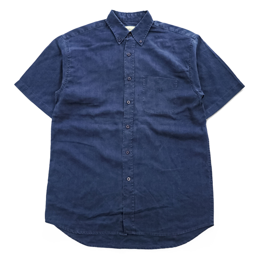 in Extenso button-down short sleeve shirt navy 100% linen boxy silhouette chest pocket back pleat curved hem M