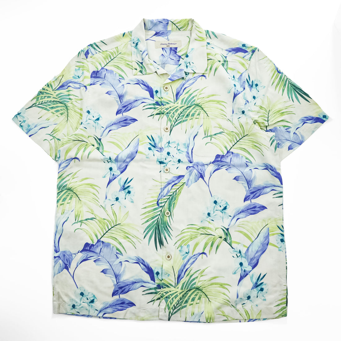 Tommy Bahama Hawaiian Shirt Short Sleeve Off-White Green Blue Botanical 100% Silk Camp Collar L