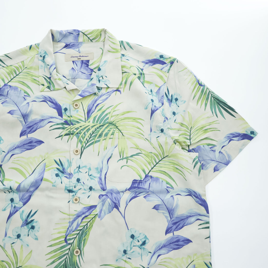 Tommy Bahama アロハシャツ 半袖 シルク オープンカラーシャツ L ベージュ 総柄 ボタニカル 開襟