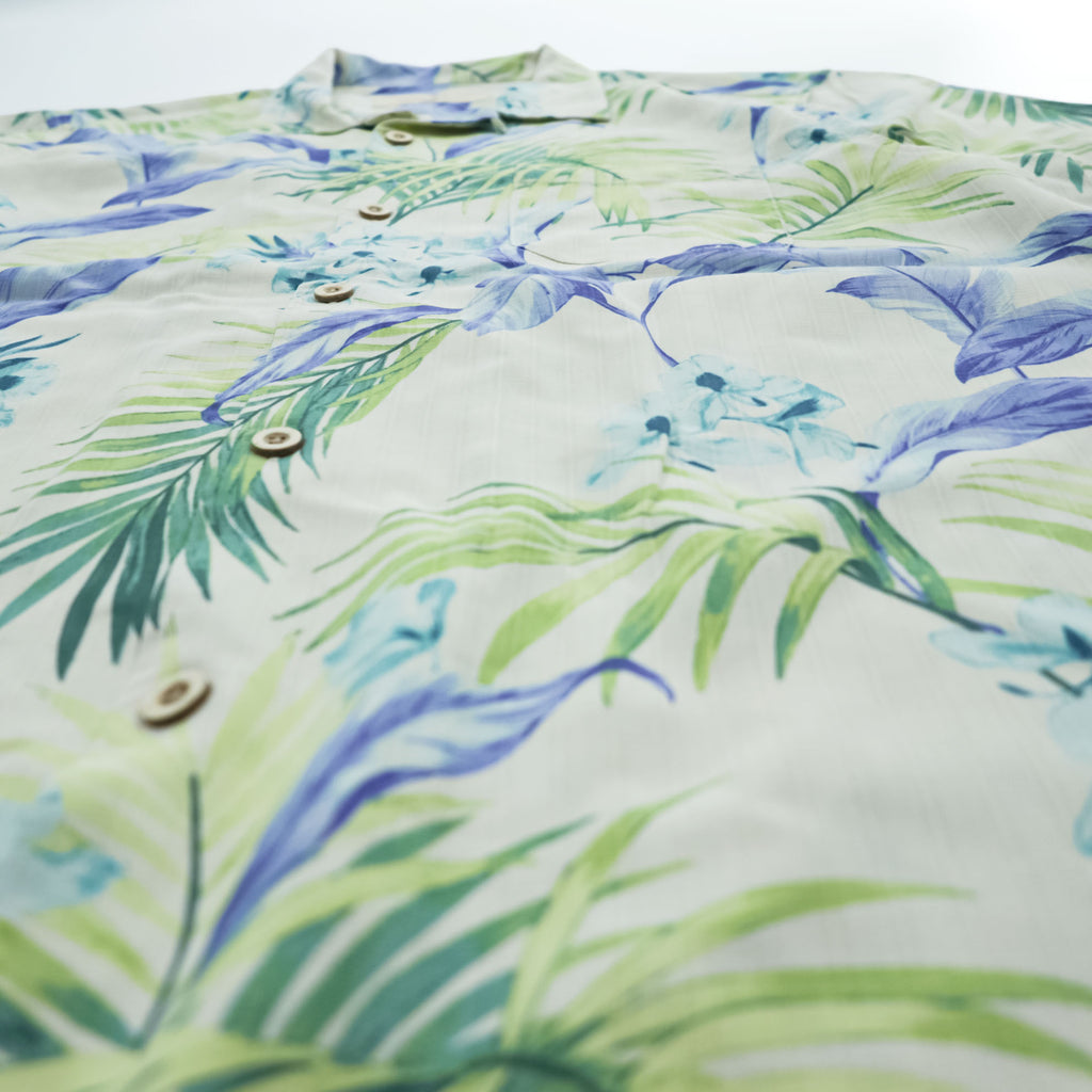 Tommy Bahama アロハシャツ 半袖 シルク オープンカラーシャツ L ベージュ 総柄 ボタニカル 開襟