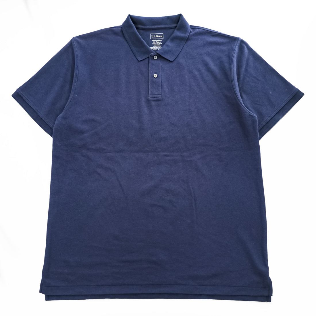 L.L.Bean Traditional Fit Polo Shirt Navy Solid 100% Cotton Pique 2-Button Rib Collar & Cuffs Side Slit XL TALL