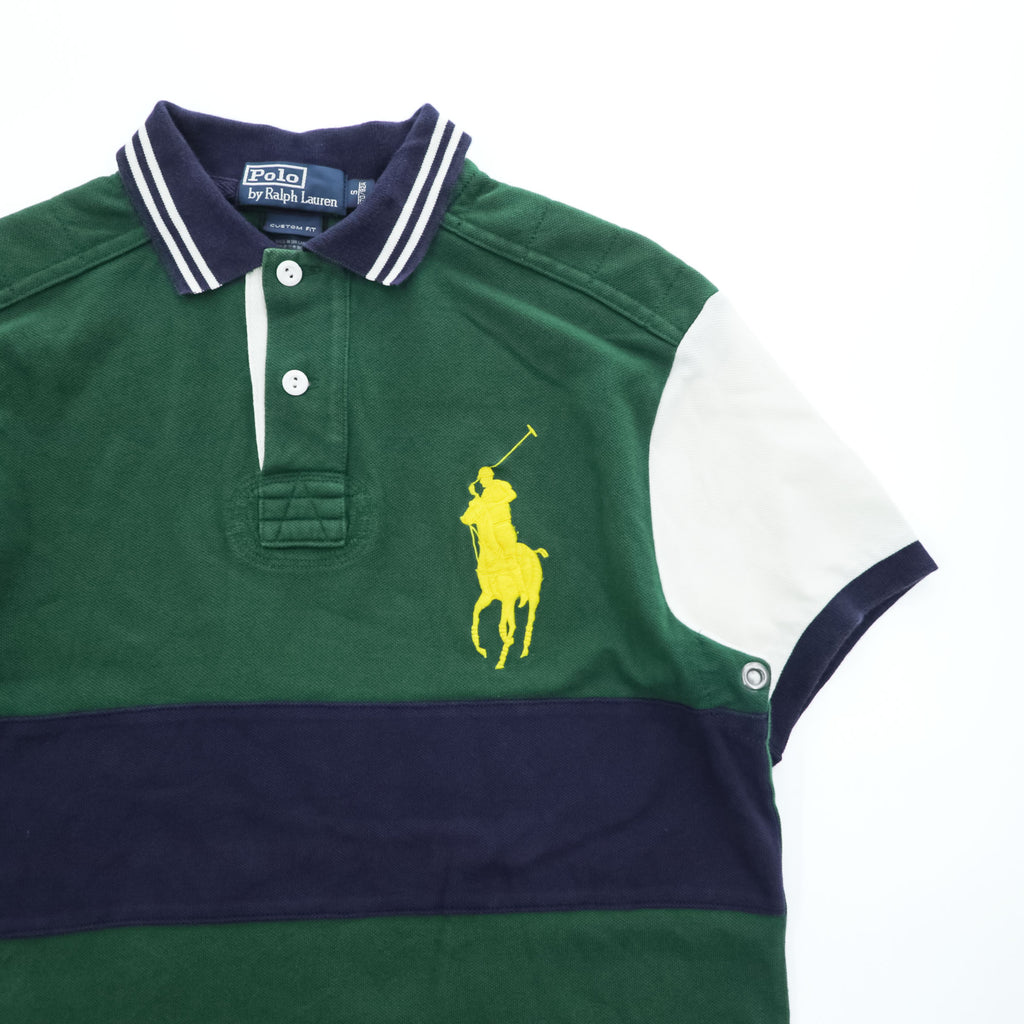 Polo Ralph Lauren 90年代 ヴィンテージ ポロシャツ 半袖 ラガーシャツ S グリーン ネイビー CUSTOM FIT ビッグポニー 鹿の子