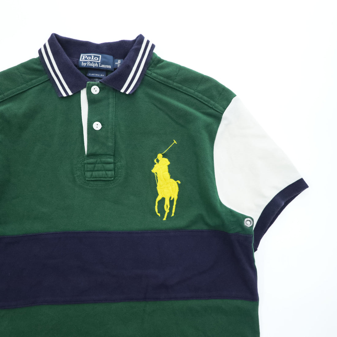 Polo Ralph Lauren 90年代 ヴィンテージ ポロシャツ 半袖 ラガーシャツ S グリーン ネイビー CUSTOM FIT ビッグポニー 鹿の子
