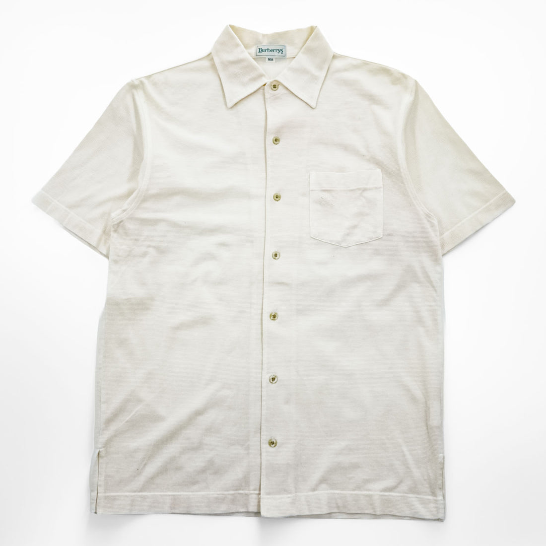 BURBERRY 90s Made in Japan Vintage Short Sleeve Knit Shirt Ivory Cotton Size M Waffle Knit