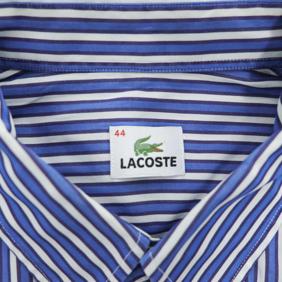 LACOSTE 半袖 ボタンダウン ストライプ シャツ XL ブルー ワンポイントロゴ 胸ポケット