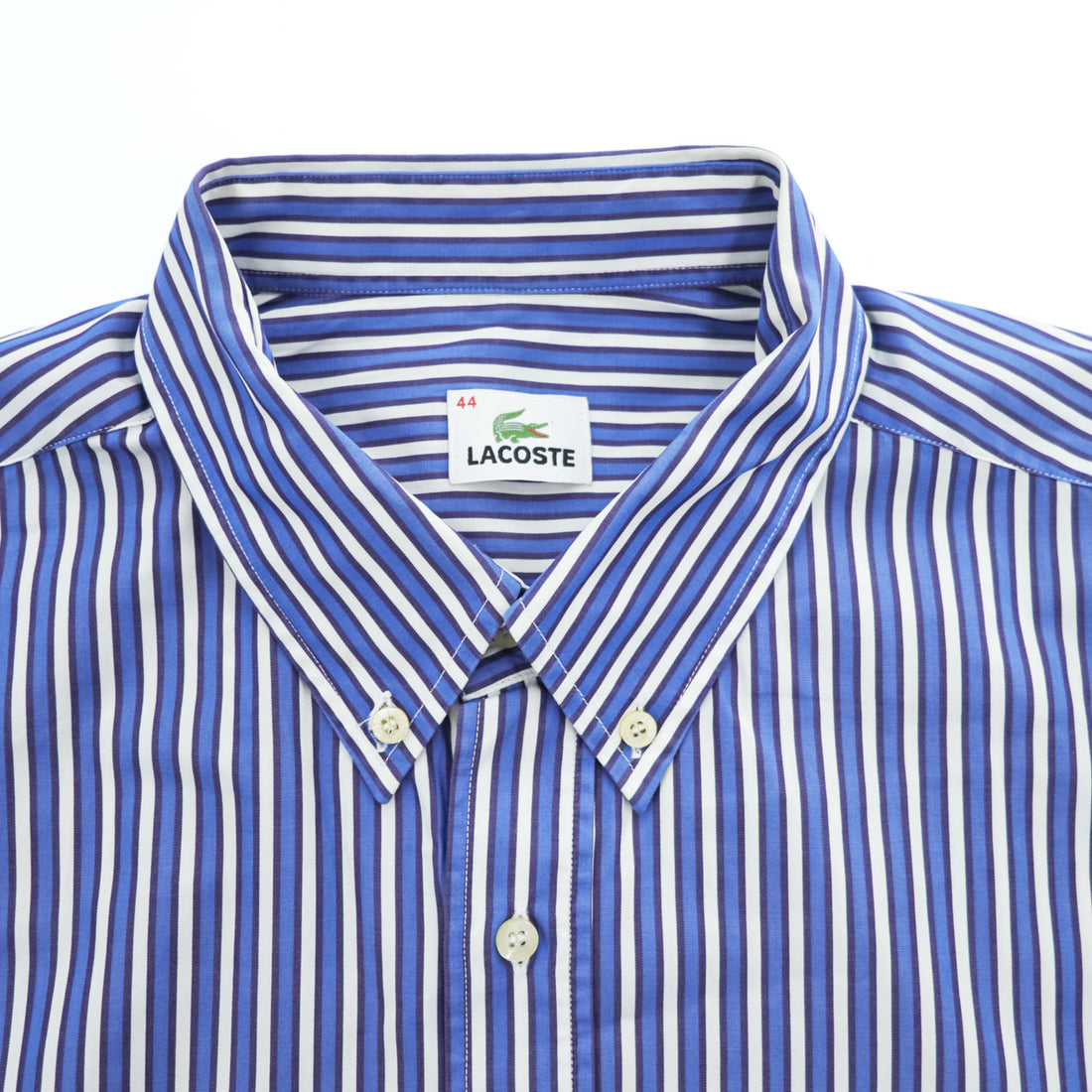 LACOSTE 半袖 ボタンダウン ストライプ シャツ XL ブルー ワンポイントロゴ 胸ポケット