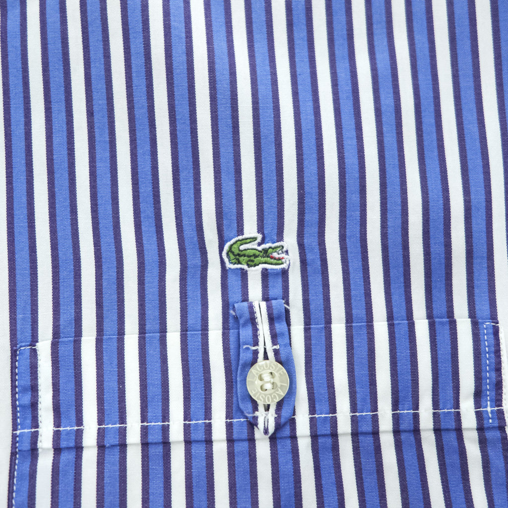 LACOSTE 半袖 ボタンダウン ストライプ シャツ XL ブルー ワンポイントロゴ 胸ポケット