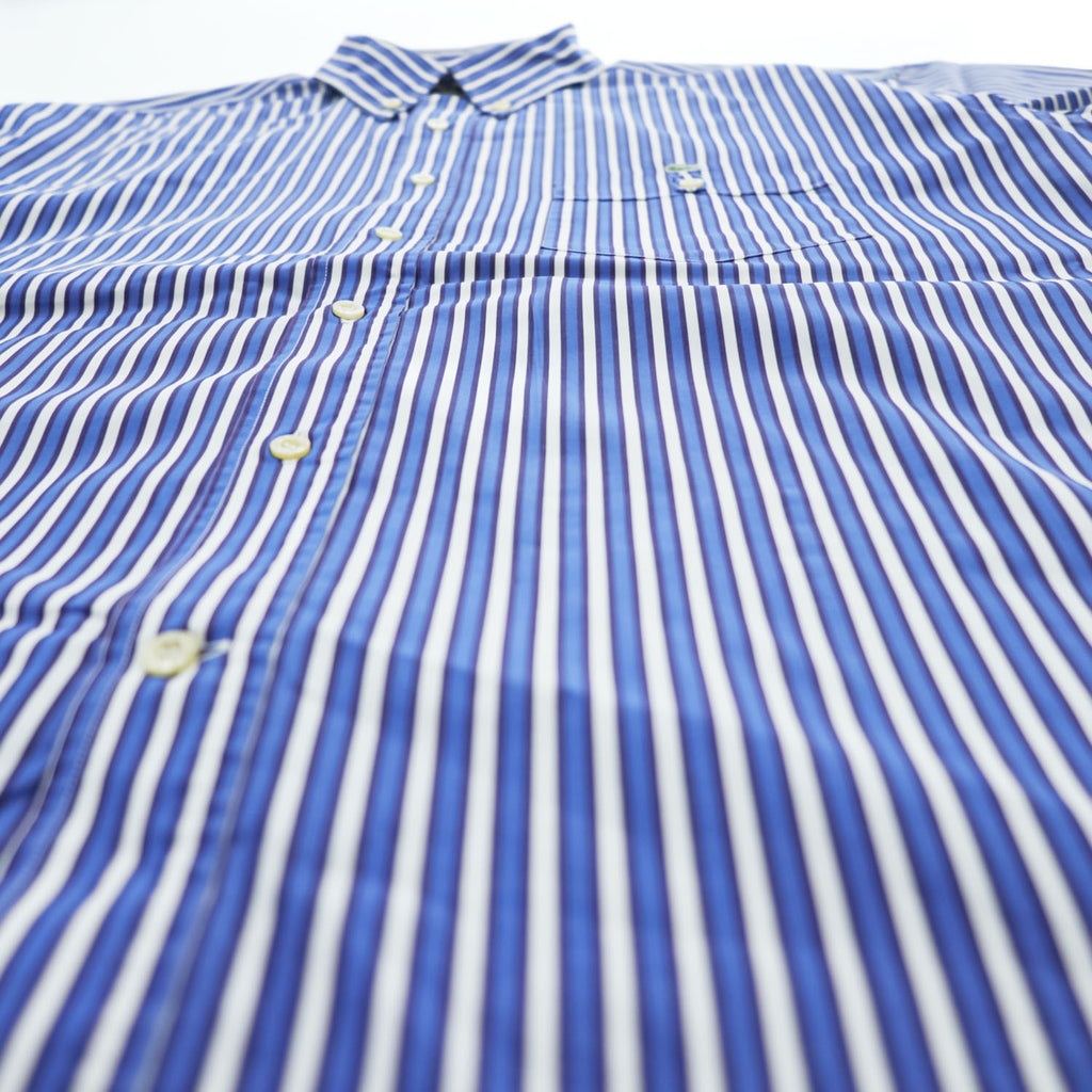 LACOSTE 半袖 ボタンダウン ストライプ シャツ XL ブルー ワンポイントロゴ 胸ポケット