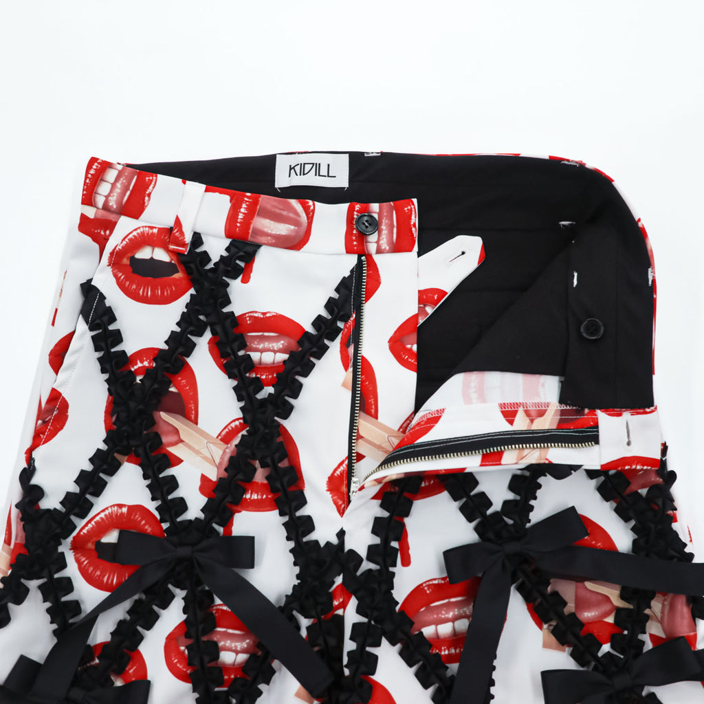 KIDILL × Trevor Brown リボンパンツ Ribbon Pants スラックス ホワイト 総柄 リップ KL598-FM 日本製