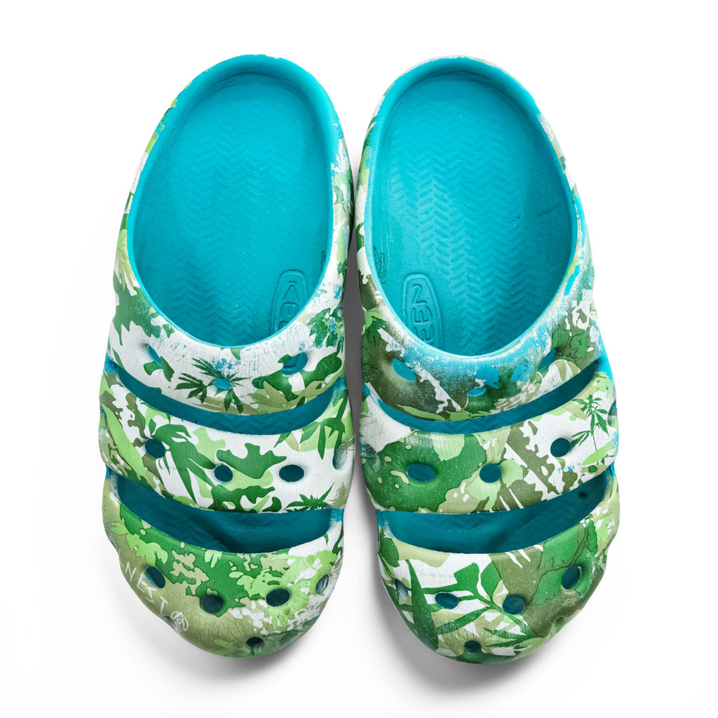 KEEN ヨギ YOGUI ARTS クロッグ サンダル 29cm グリーン ブルー × ELNEST CREATIVE ACTIVITY カモフラ 総柄 BOOKTREE CAMO