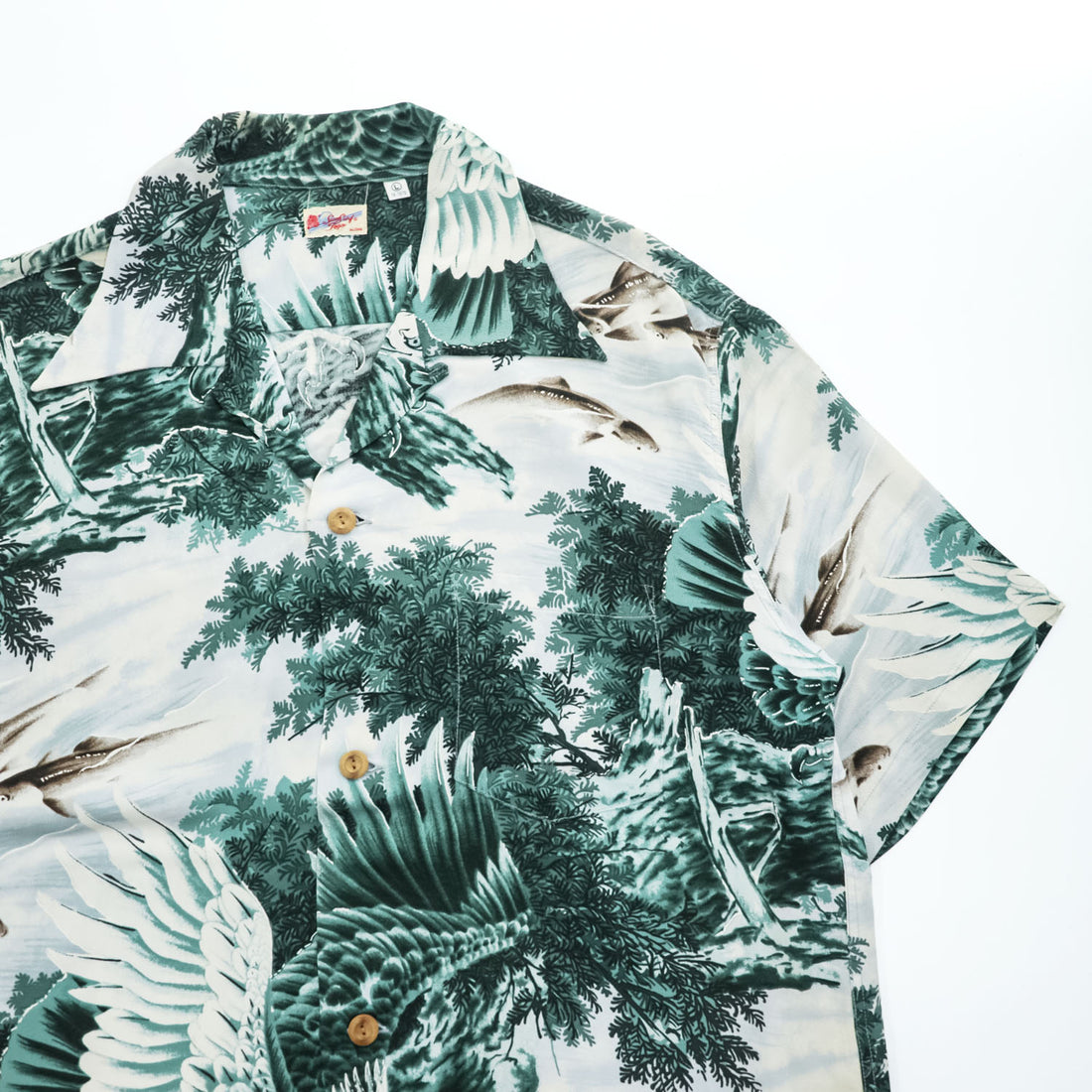 SUN SURF アロハシャツ 半袖 オープンカラー シャツ L グリーン 総柄 EAGLE & SWEET FISH 和柄 開襟 ちりめん SS31601