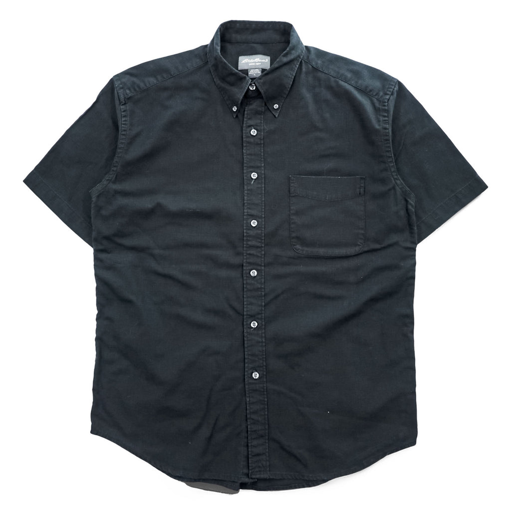 Eddie Bauer 半袖 リネン シャツ L ブラック 麻100% ボタンダウン 胸ポケット