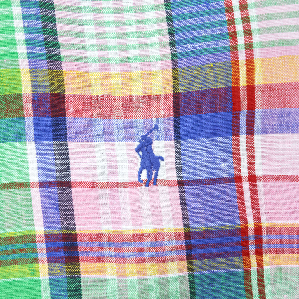 Ralph Lauren 半袖 リネン チェックシャツ S マルチカラー 麻100% スモールポニー ロゴ 刺繍 ボタンダウン