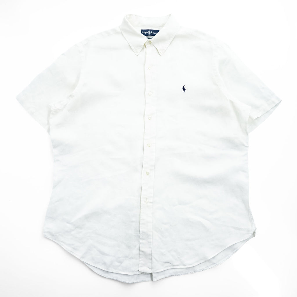 Ralph Lauren 90年代 ヴィンテージ 半袖 リネン シャツ XL CLASSIC FIT ホワイト スモールポニー ロゴ 刺繍 ボタンダウン