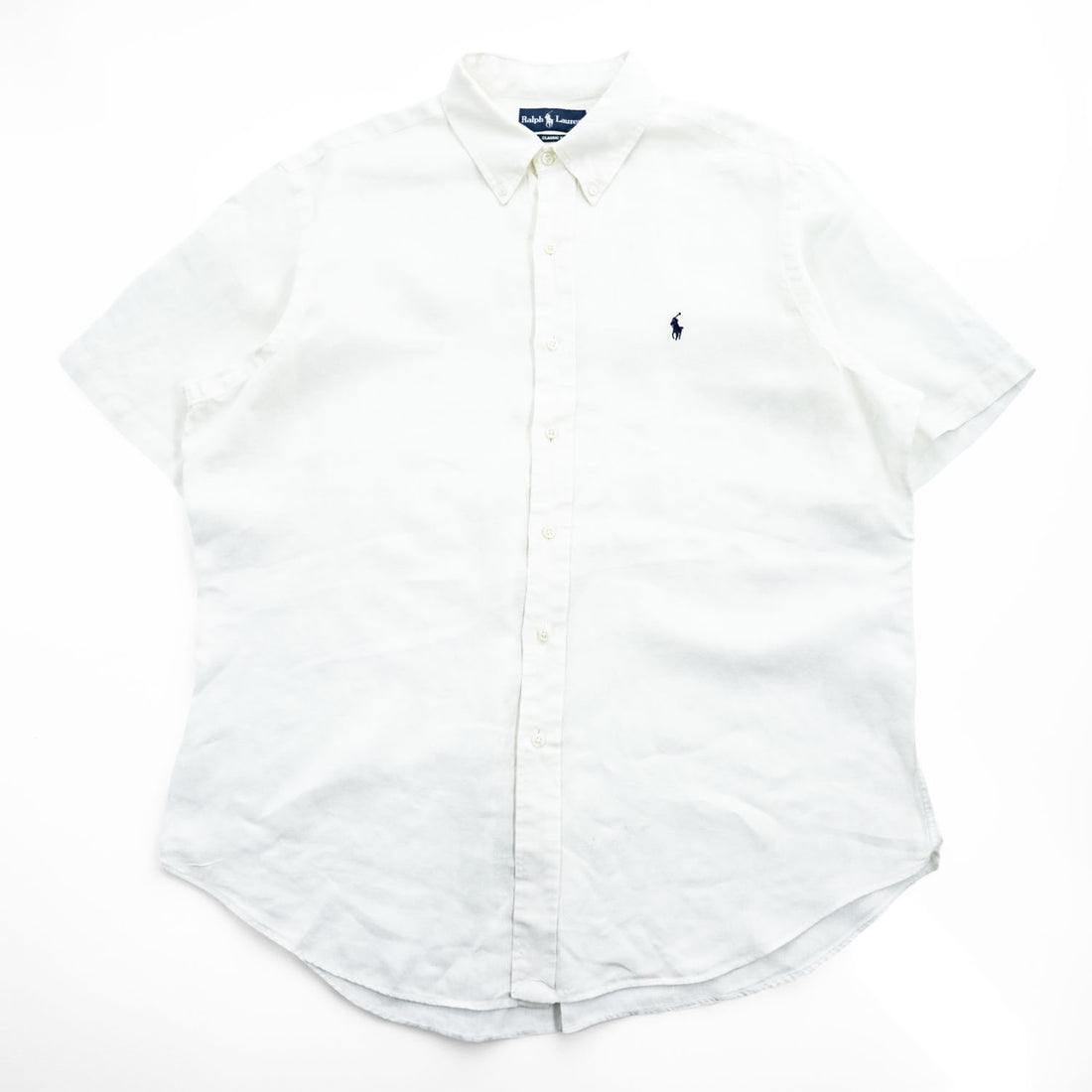 Ralph Lauren 90年代 ヴィンテージ 半袖 リネン シャツ XL CLASSIC FIT ホワイト スモールポニー ロゴ 刺繍 ボタンダウン