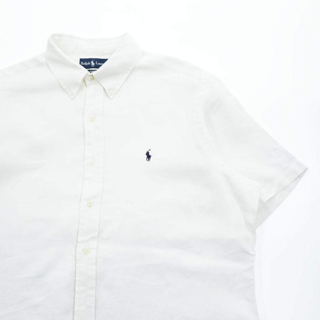 Ralph Lauren 90年代 ヴィンテージ 半袖 リネン シャツ XL CLASSIC FIT ホワイト スモールポニー ロゴ 刺繍 ボタンダウン