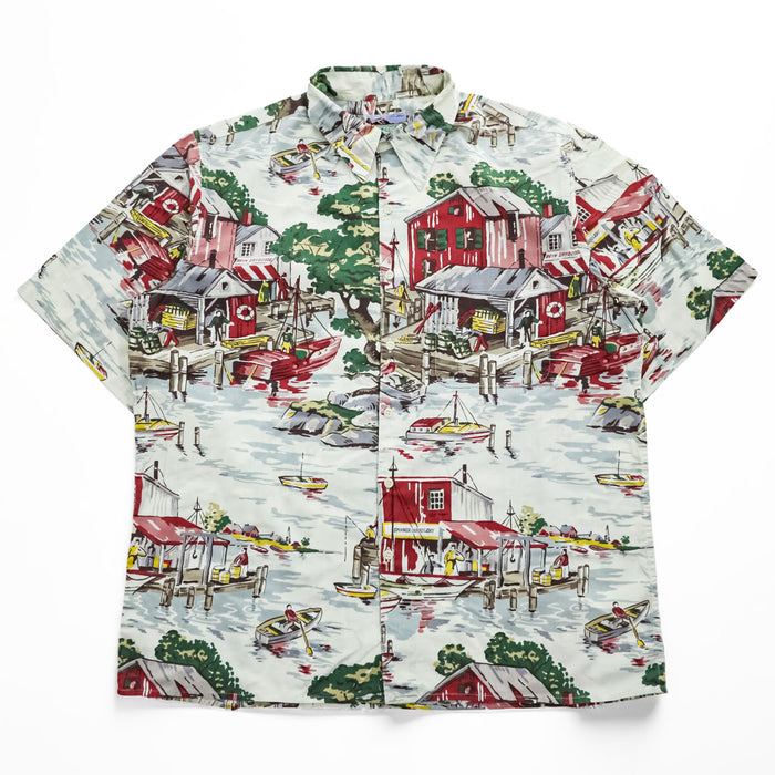 Reyn Spooner 1980s Vintage Short-Sleeve Hawaiian Shirt Size L Green Diamond Head Tag, Made in Hawaii, Single Stitching