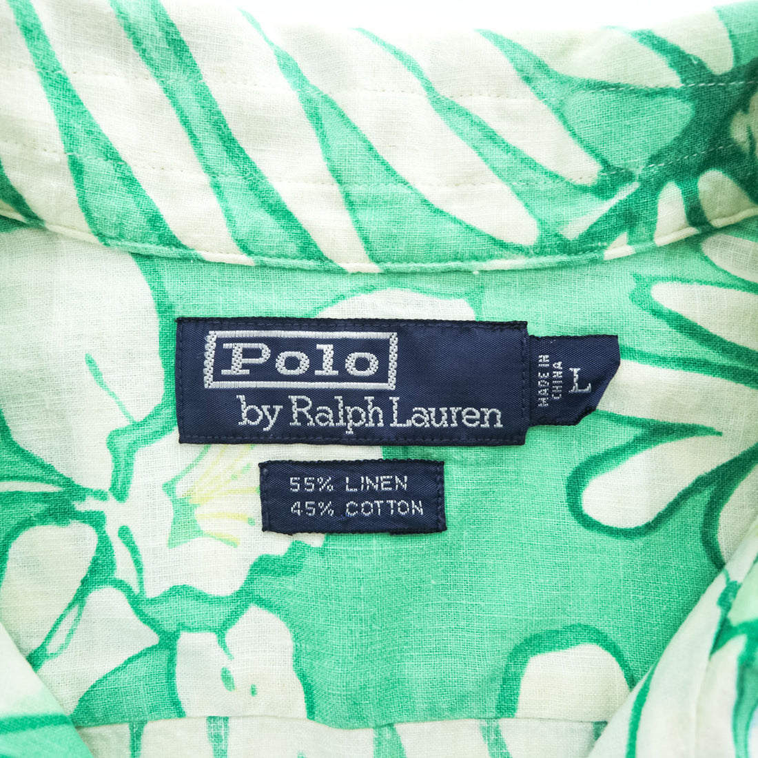 Polo Ralph Lauren 90年代 ヴィンテージ リネン アロハシャツ 半袖 オープンカラーシャツ L グリーン 総柄 ボックスシルエット 開襟
