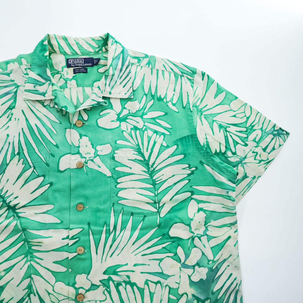 Polo Ralph Lauren 90年代 ヴィンテージ リネン アロハシャツ 半袖 オープンカラーシャツ L グリーン 総柄 ボックスシルエット 開襟