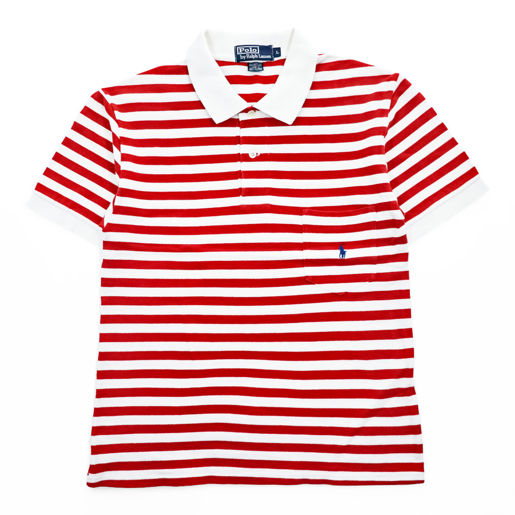 Polo Ralph Lauren 90年代 ヴィンテージ ボーダー ポロシャツ L ホワイト レッド 胸ポケット スモールポニー 鹿の子
