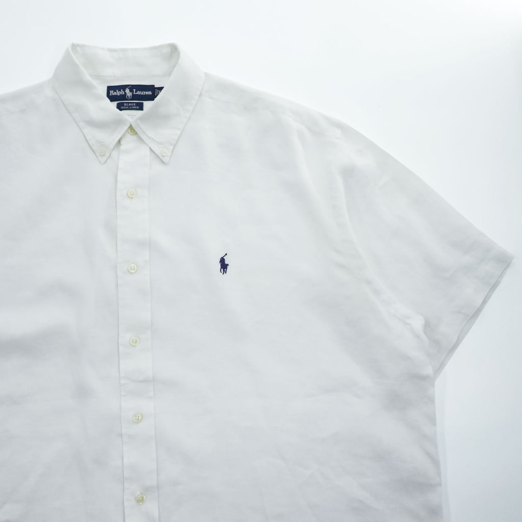 Ralph Lauren 90年代 ヴィンテージ BLAKE 半袖 リネン シャツ XL ホワイト 麻100% ビッグサイズ スモールポニー ロゴ 刺繍 ボタンダウン