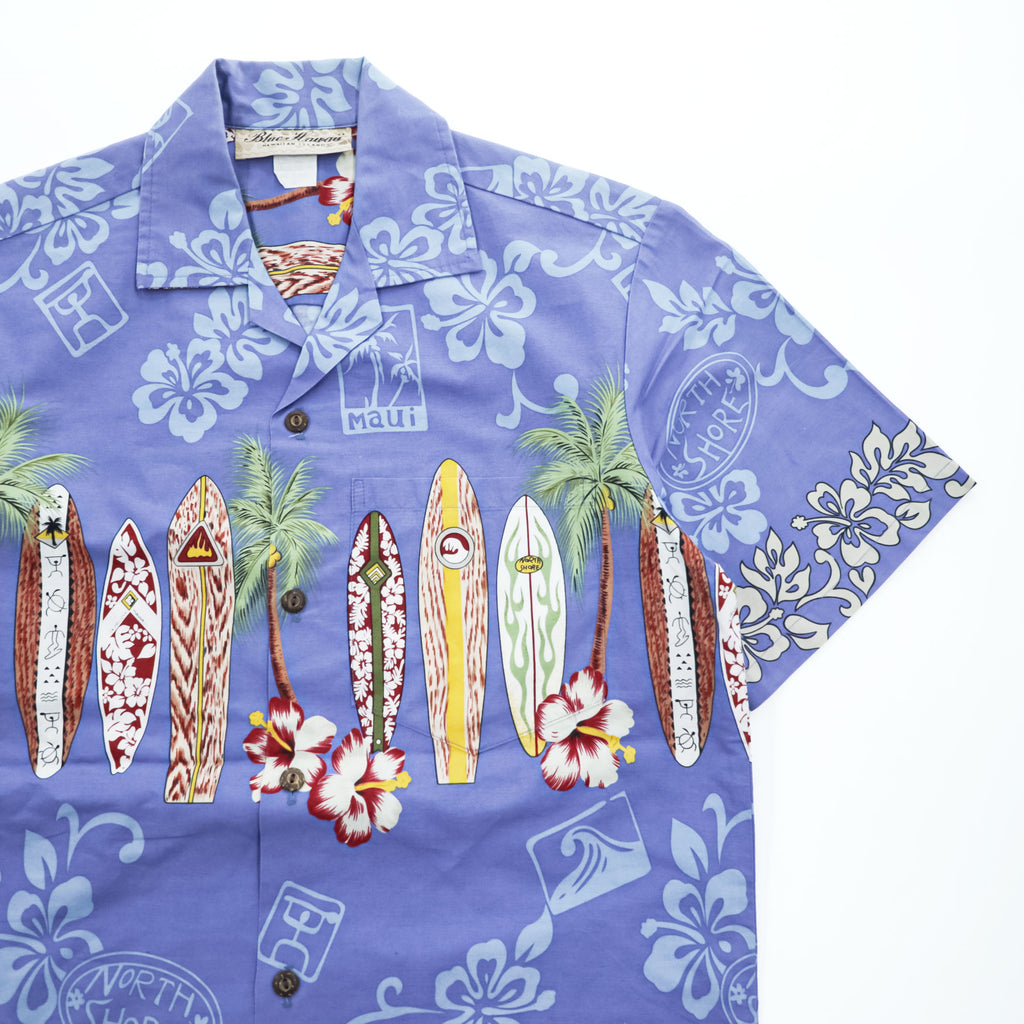 BLUE HAWAII ハワイ製 アロハシャツ 半袖 オープンカラーシャツ S ブルー 総柄 サーフボード 開襟 ボックスシルエット