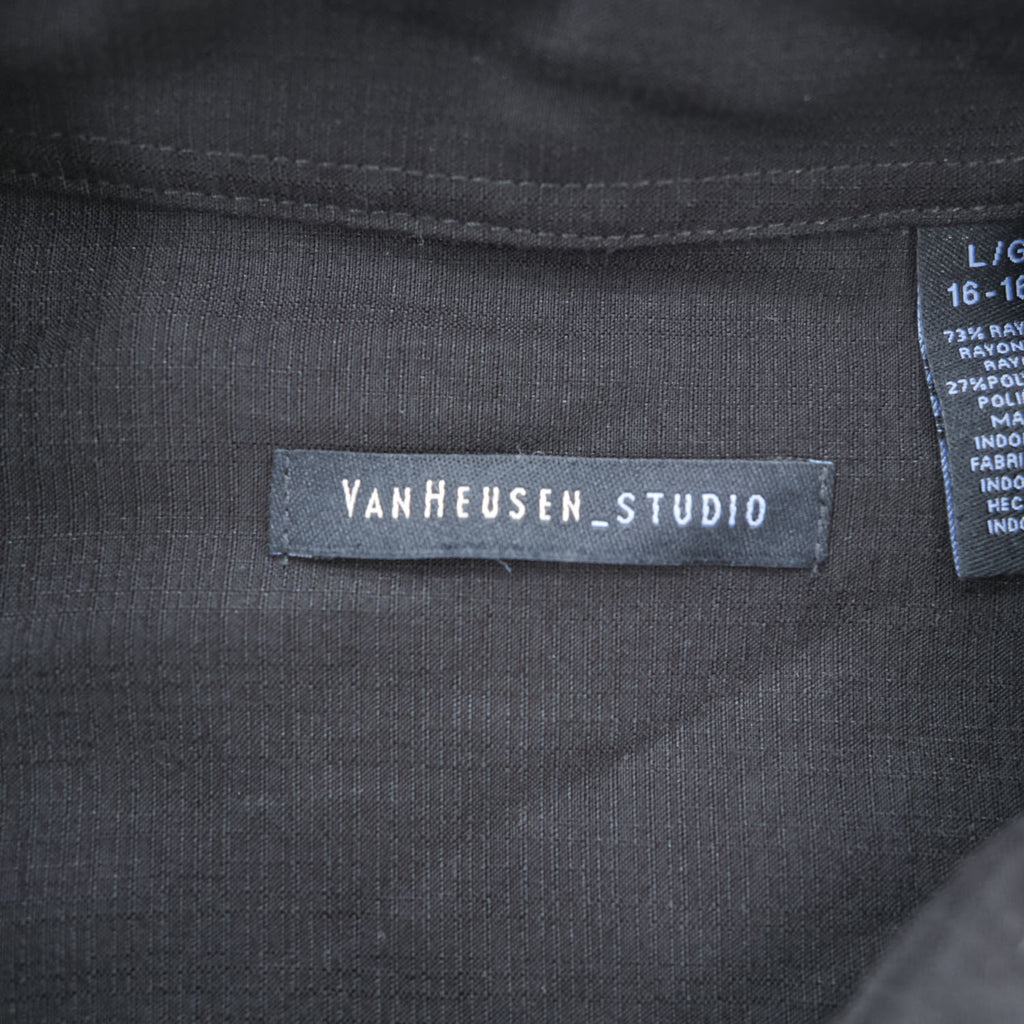 VAN HEUSEN STUDIO 半袖シャツ L ブラック グレー 縦ライン 切替 ボックスシルエット