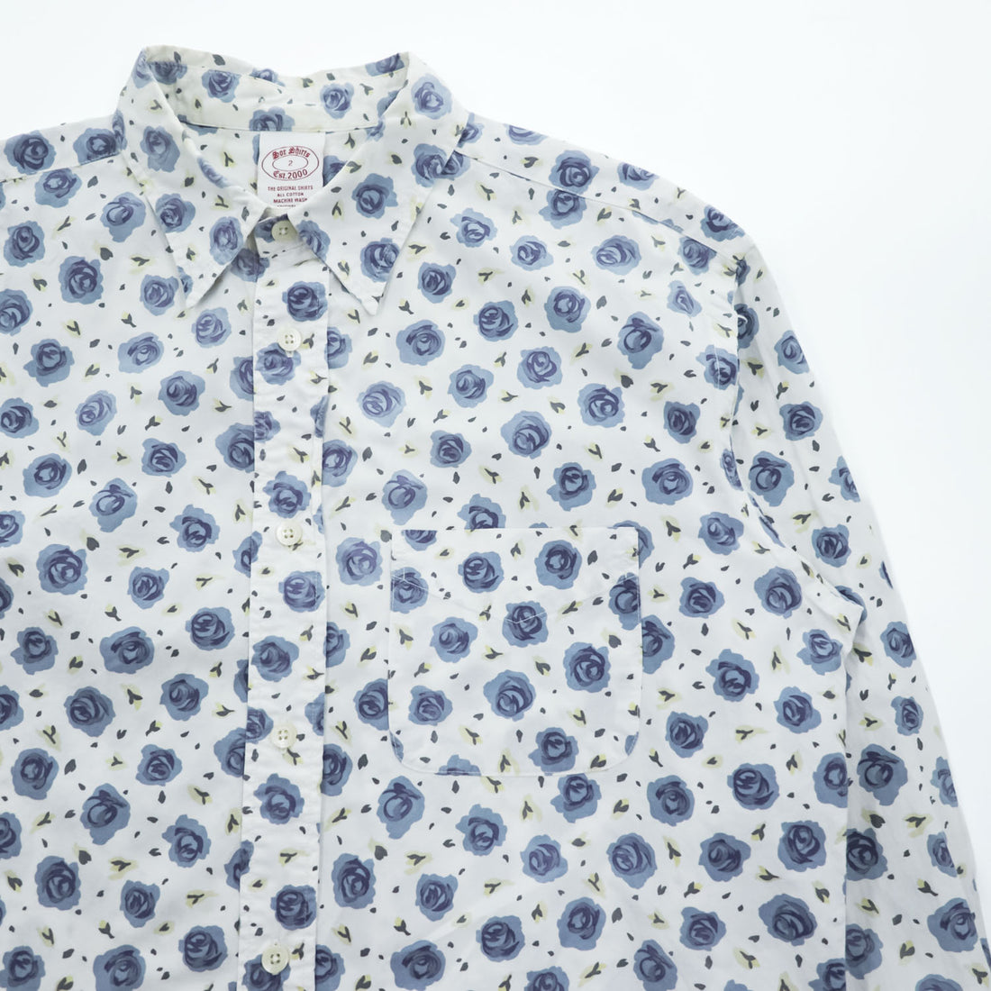 soe shirts 日本製 ドレスシャツ 長袖シャツ M ホワイト ブルー 花柄 薔薇 胸ポケット 2121-81-802