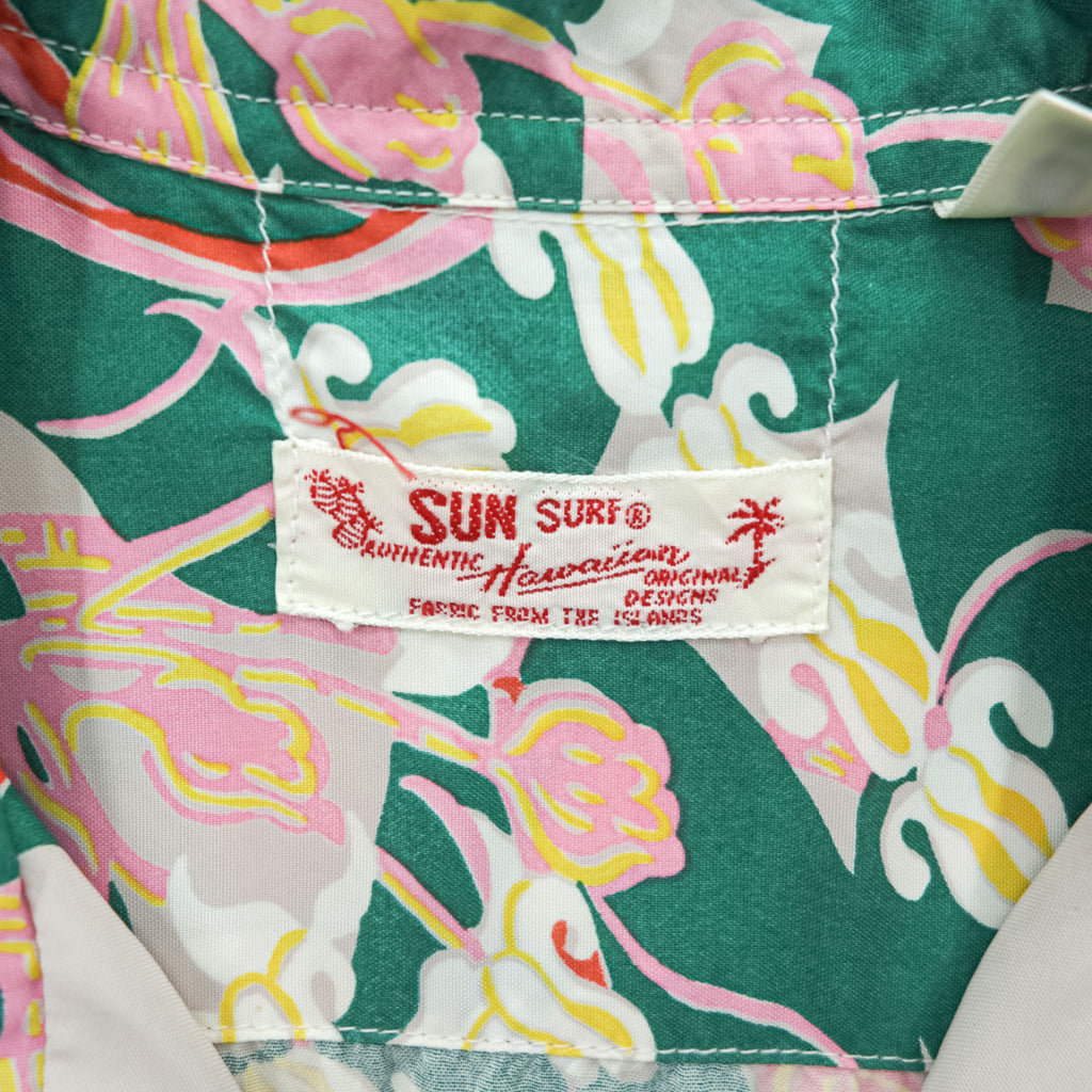 SUN SURF 日本製 アロハシャツ 半袖 オープンカラー シャツ S グリーン CROWN FLOWER 開襟 SS34858 未使用品
