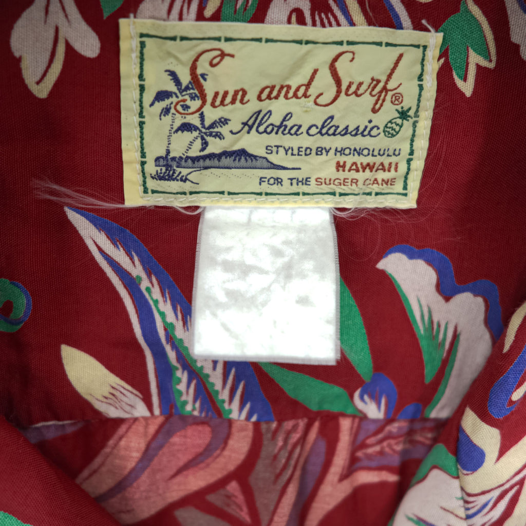 SUN SURF Sun and Surf for the SUGER CANE 80年代 ヴィンテージ 日本製 アロハシャツ 半袖 オープンカラーシャツ M レッド 総柄 初期タグ 開襟