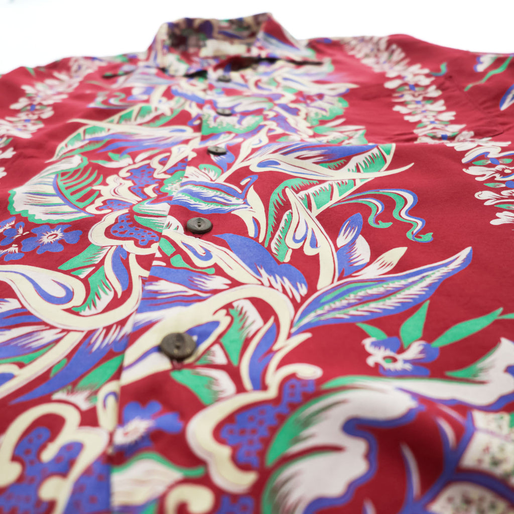 SUN SURF Sun and Surf for the SUGER CANE 80年代 ヴィンテージ 日本製 アロハシャツ 半袖 オープンカラーシャツ M レッド 総柄 初期タグ 開襟
