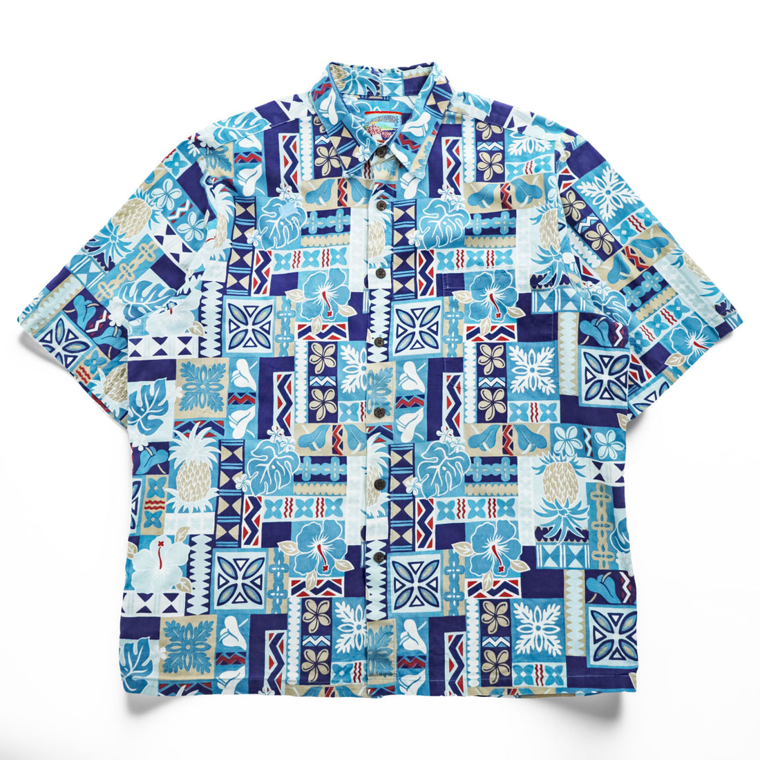 reyn spooner 90年代 ヴィンテージ アロハシャツ JOE KEALOHA'S 半袖シャツ L ブルー 総柄 パッチワーク