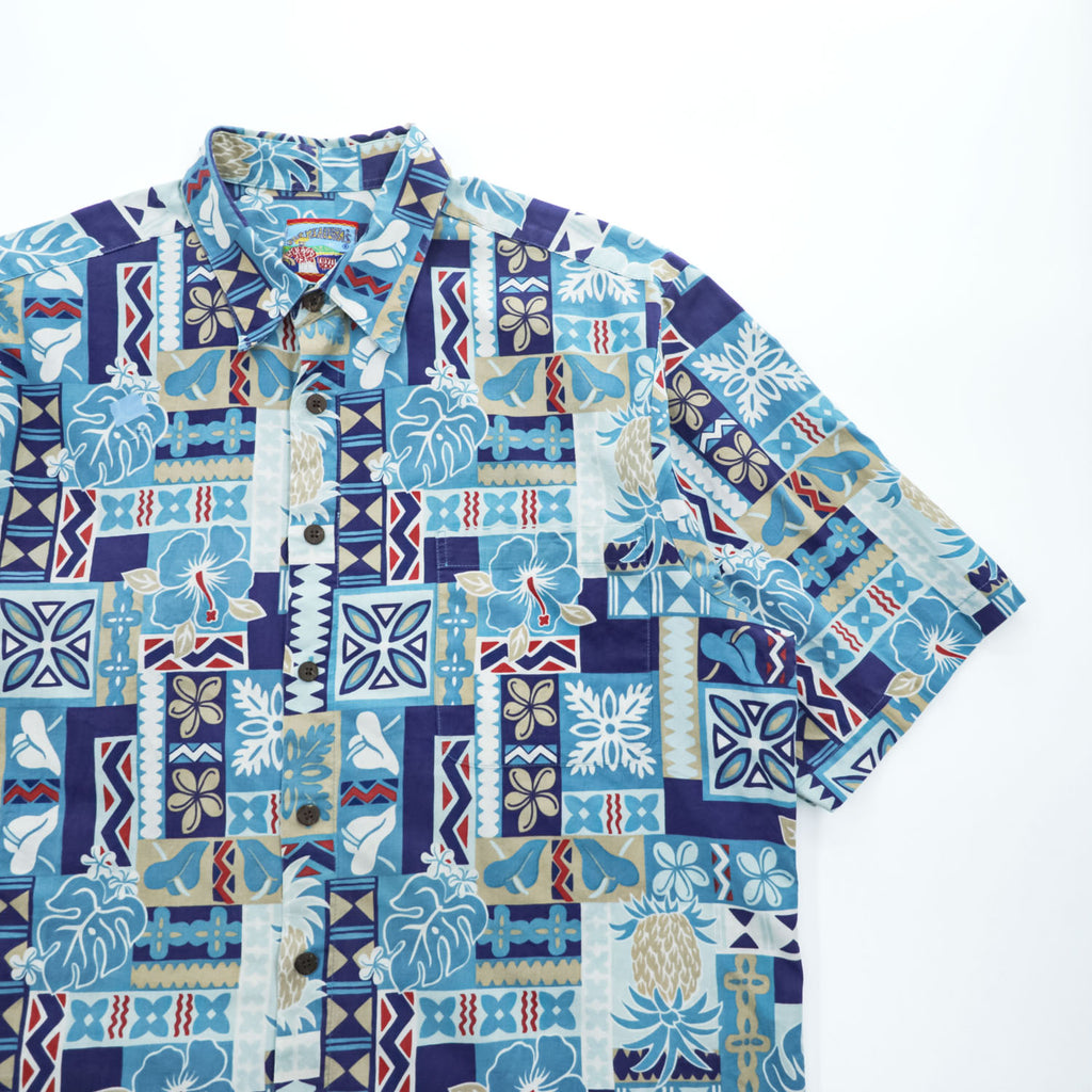 Reyn Spooner 90s Vintage Hawaiian Shirt Short-Sleeve Shirt, Size L, Blue, Patterned, JOE KEALOHA'S