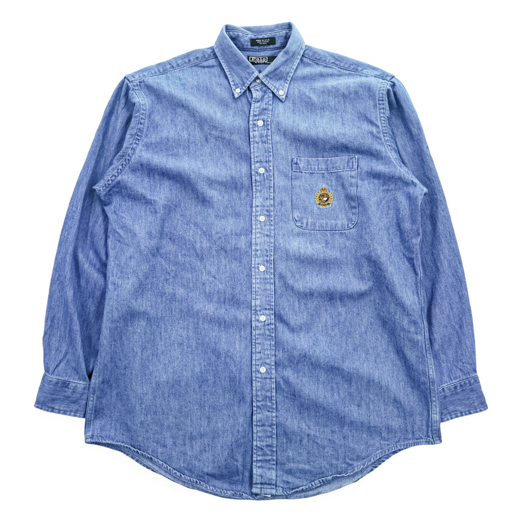 Polo Ralph Lauren 90年代 USA製 ヴィンテージ 長袖 デニム シャツ XL ブルー ボタンダウン エンブレム 刺繍
