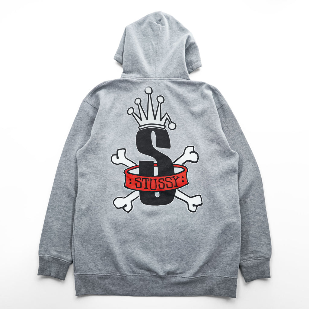 STUSSY 00年代 USA製 ヴィンテージ ジップパーカー L グレー 裏起毛 バックプリント クラウン クロスボーン