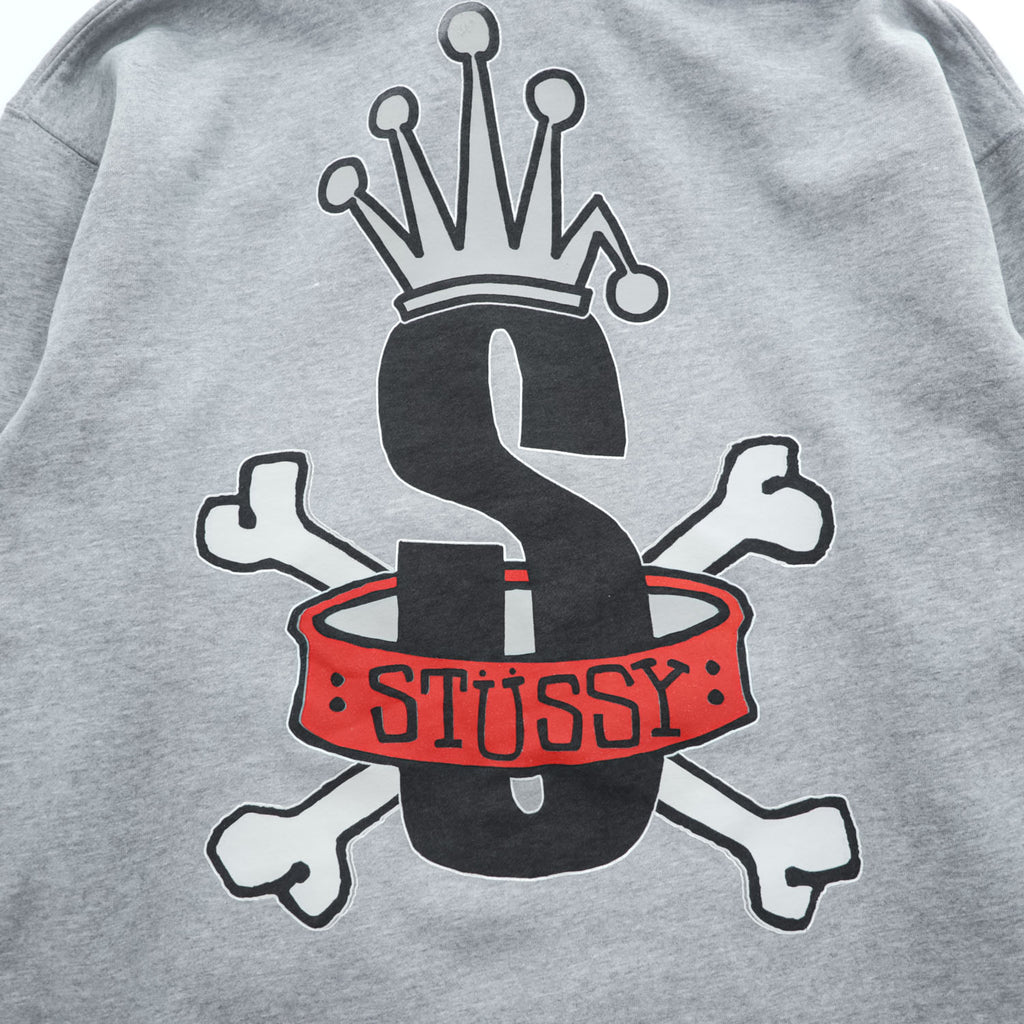 STUSSY 00年代 USA製 ヴィンテージ ジップパーカー L グレー 裏起毛 バックプリント クラウン クロスボーン