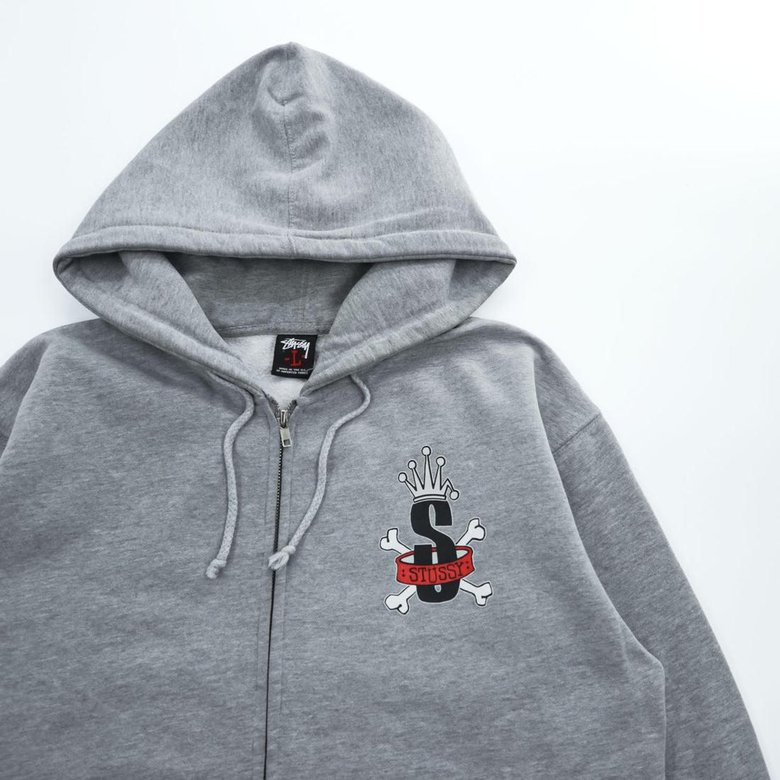 STUSSY 00年代 USA製 ヴィンテージ ジップパーカー L グレー 裏起毛 バックプリント クラウン クロスボーン