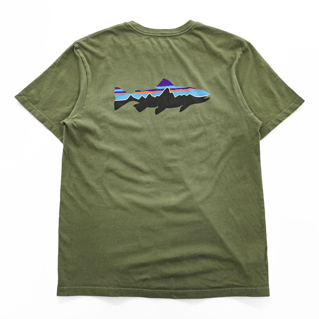 Patagonia USA製 オーガニックコットン Tシャツ M バックプリント フィッツロイ トラウト 38821