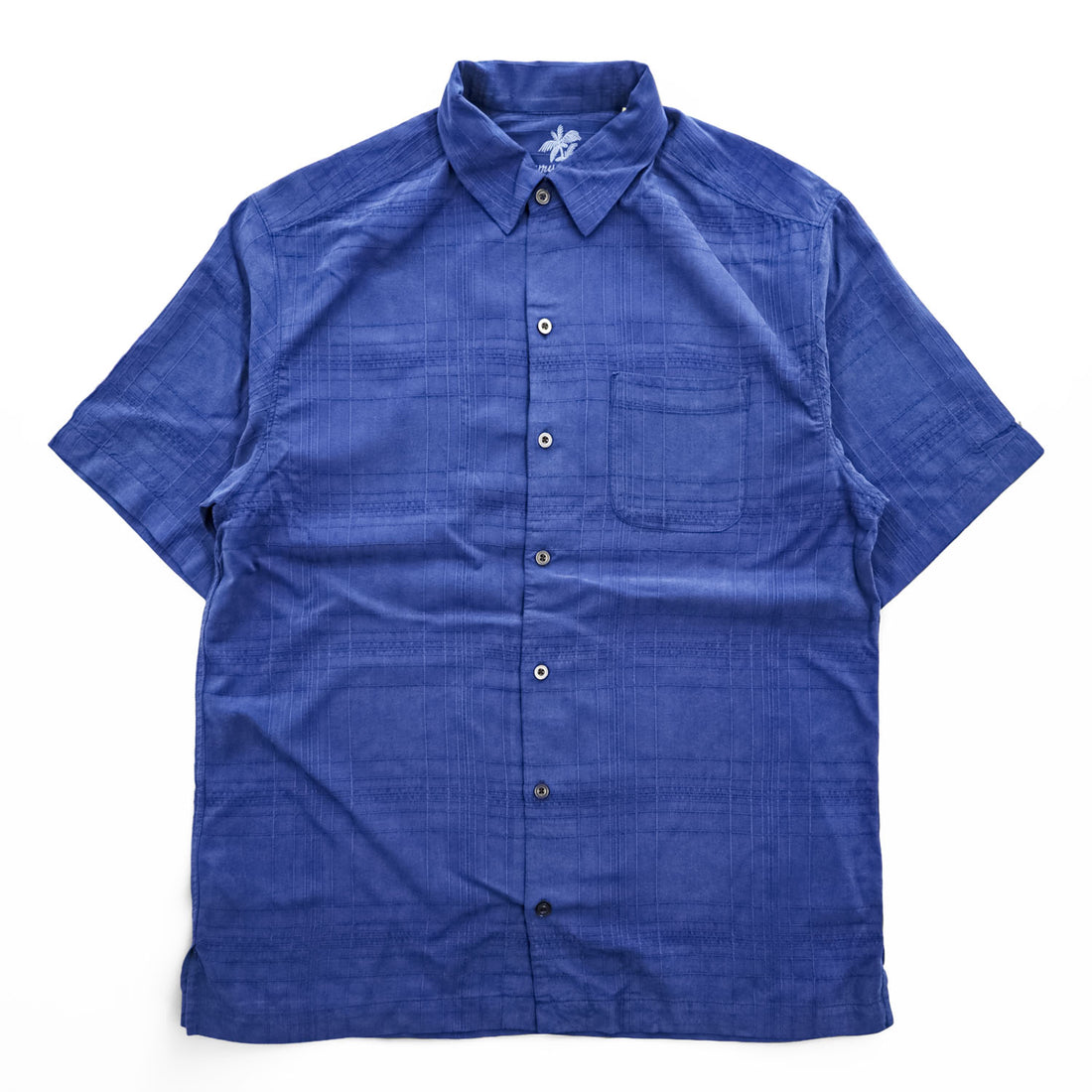 TOMMY BAHAMA 半袖 シルク シャツ M ブルー ジャガード チェック 胸ポケット ボックスシルエット