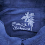 TOMMY BAHAMA 半袖 シルク シャツ M ブルー ジャガード チェック 胸ポケット ボックスシルエット