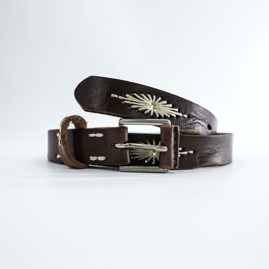 Vintage Leather Belt ウエスタン レザーベルト ブラウン ネイティブ オルテガ 刺繍 ホワイト ステッチ