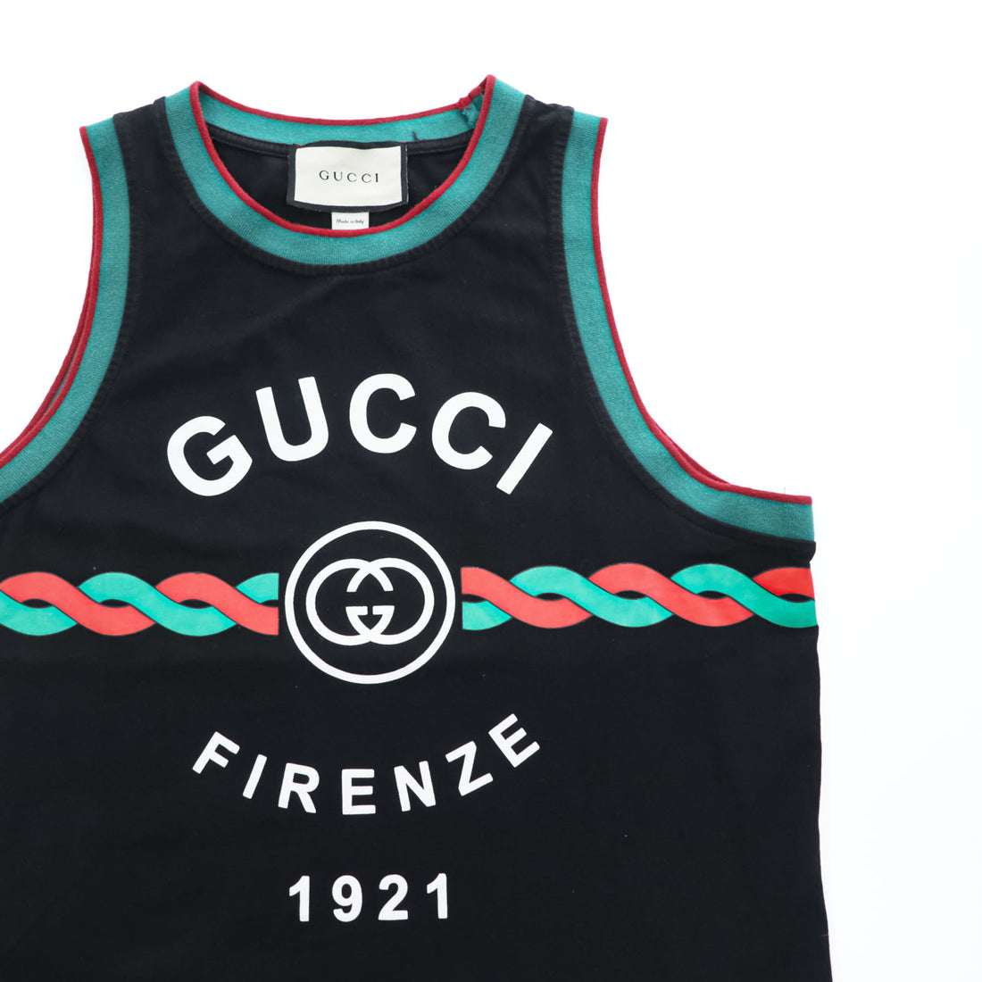 GUCCI コットンジャージー タンクトップ Cotton jersey 'Gucci Firenze 1921' tank top ブラック M シェリーライン ノースリーブ 08.338.986 / 0001-16 イタリア製