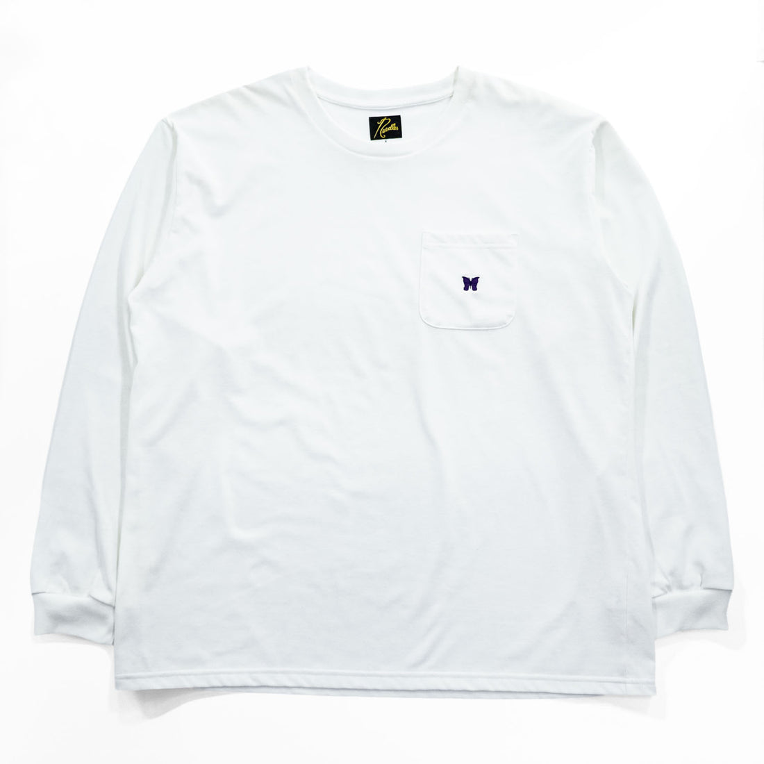 Needles 日本製 ロングスリーブ ポケット Tシャツ L/S Crew Neck Tee - Poly Jersey 長袖 ロンT L ホワイト ワンポイントロゴ NS272