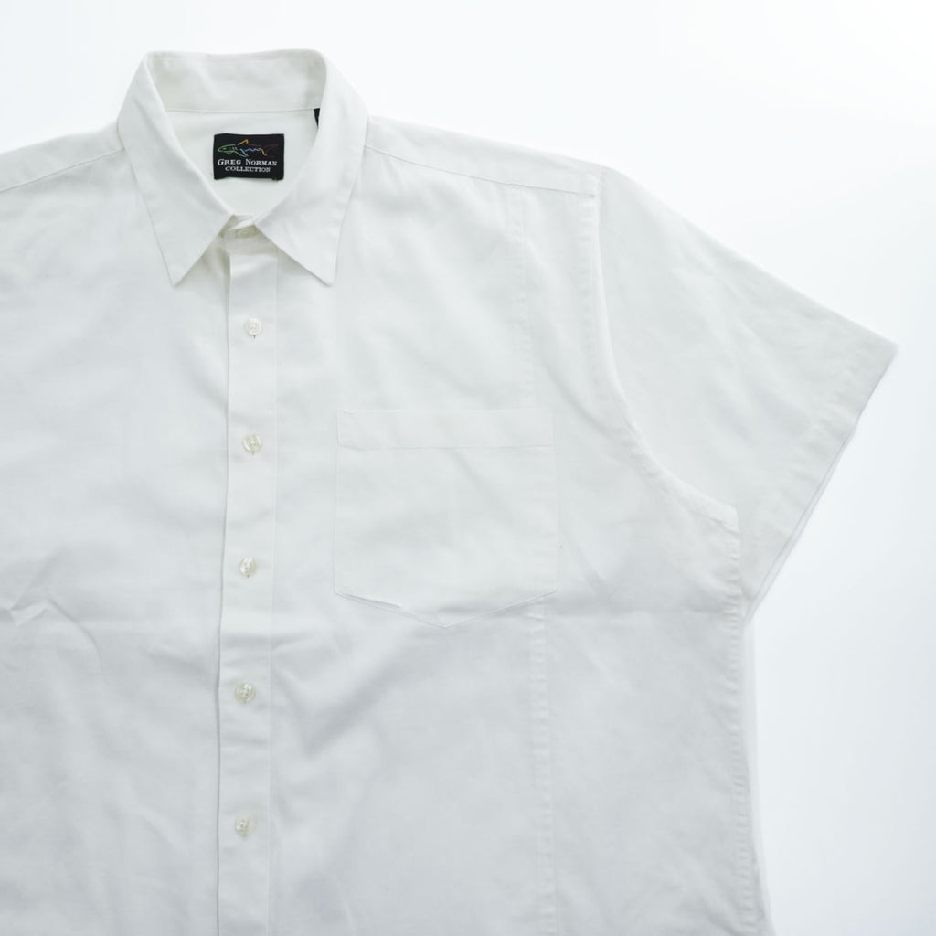 Vintage 90s Greg Norman Collection White Short Sleeve Linen Cotton Button Up Shirt